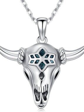 Women's Silver D Sterling Turquoise Pendant Highland Cow Skull Western Necklace